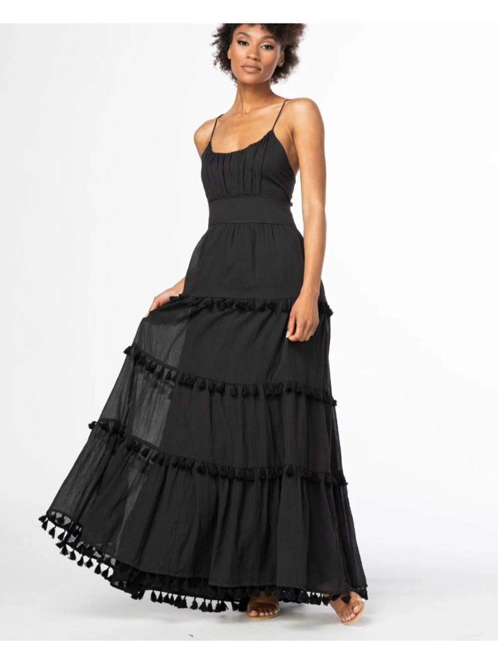 Allison New York Black Tassel Trim Maxi Dress XS Tiered Tie Strap Boho Beach